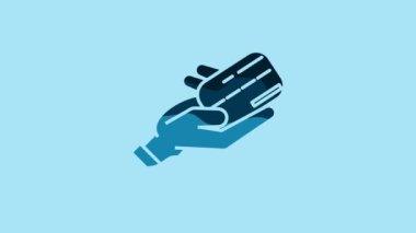 Blue Human hand holding with credit card icon isolated on blue background. Online payment. Pay by card. Financial operations. 4K Video motion graphic animation.