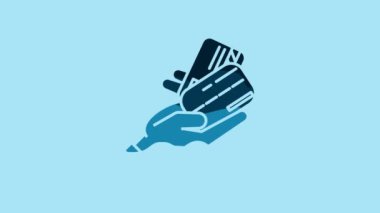 Blue Human hand holding with credit card icon isolated on blue background. Online payment. Pay by card. Financial operations. 4K Video motion graphic animation.