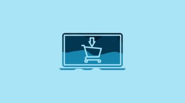 Blue Shopping cart on screen laptop icon isolated on blue background. Concept e-commerce, e-business, online business marketing. 4K Video motion graphic animation.