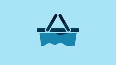 Blue Shopping basket icon isolated on blue background. Online buying concept. Delivery service sign. Shopping cart symbol. 4K Video motion graphic animation.