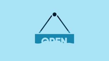 Blue Hanging sign with text Open door icon isolated on blue background. 4K Video motion graphic animation.