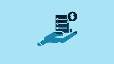 Blue Human hand holding with blank receipt or bill for payment icon isolated on blue background. Banking and business operations. 4K Video motion graphic animation.