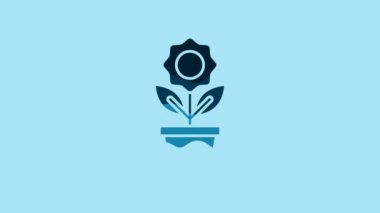 Blue Flower in pot icon isolated on blue background. Plant growing in a pot. Potted plant sign. 4K Video motion graphic animation.