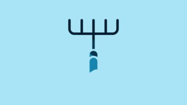 Blue Garden rake icon isolated on blue background. Tool for horticulture, agriculture, farming. Ground cultivator. Housekeeping equipment. 4K Video motion graphic animation.
