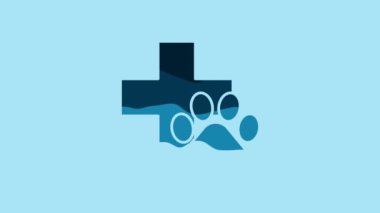 Blue Veterinary clinic symbol icon isolated on blue background. Cross hospital sign. A stylized paw print dog or cat. Pet First Aid sign. 4K Video motion graphic animation.