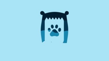 Blue Bag of food for dog icon isolated on blue background. Dog or cat paw print. Food for animals. Pet food package. 4K Video motion graphic animation.