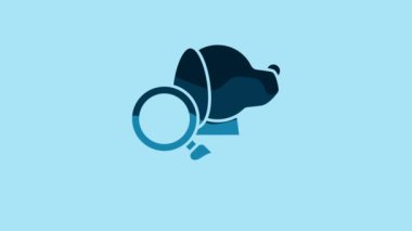 Blue Veterinary clinic symbol icon isolated on blue background. Magnifying glass with dog veterinary care. Pet First Aid sign. 4K Video motion graphic animation.
