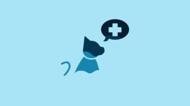 Blue Veterinary clinic symbol icon isolated on blue background. Cross with cat veterinary care. Pet First Aid sign. 4K Video motion graphic animation.