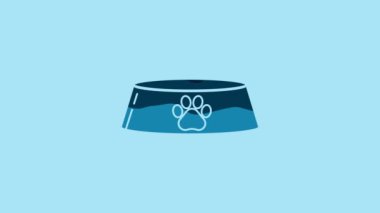 Blue Pet food bowl for cat or dog icon isolated on blue background. Dog or cat paw print. 4K Video motion graphic animation.