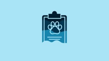 Blue Clipboard with medical clinical record pet icon isolated on blue background. Health insurance form. Medical check marks report. 4K Video motion graphic animation.