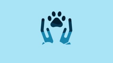 Blue Hands with animals footprint icon isolated on blue background. Pet paw in heart. Love to the animals. 4K Video motion graphic animation.