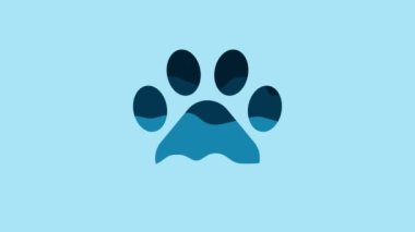 Blue Paw print icon isolated on blue background. Dog or cat paw print. Animal track. 4K Video motion graphic animation.