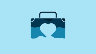 Blue Suitcase for travel with heart icon isolated on blue background. Honeymoon symbol. Traveling baggage sign. Travel luggage icon. 4K Video motion graphic animation.