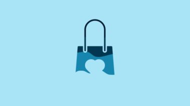 Blue Shopping bag with heart icon isolated on blue background. Shopping bag shop love like heart icon. Valentines day symbol. 4K Video motion graphic animation.