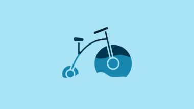 Blue Vintage bicycle with one big wheel and one small icon isolated on blue background. Bike public transportation sign. 4K Video motion graphic animation.
