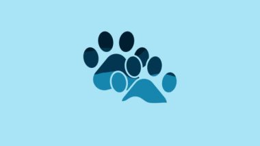 Blue Paw print icon isolated on blue background. Dog or cat paw print. Animal track. 4K Video motion graphic animation.