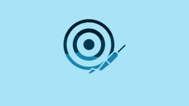 Blue Classic dart board and arrow icon isolated on blue background. Dartboard sign. Game concept. 4K Video motion graphic animation.