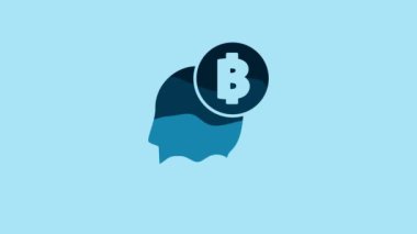 Blue Bitcoin think icon isolated on blue background. Cryptocurrency head. Blockchain technology, digital money market, cryptocoin wallet. 4K Video motion graphic animation.