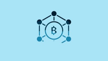 Blue Blockchain technology Bitcoin icon isolated on blue background. Abstract geometric block chain network technology business. 4K Video motion graphic animation.