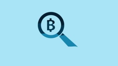 Blue Magnifying glass with Bitcoin icon isolated on blue background. Physical bit coin. Blockchain based secure crypto currency. 4K Video motion graphic animation.