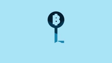 Blue Cryptocurrency Bitcoin key icon isolated on blue background. Concept of cyber security or digital key with technology interface. 4K Video motion graphic animation.