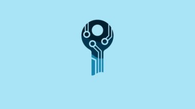Blue Cryptocurrency key icon isolated on blue background. Concept of cyber security or private key, digital key with technology interface. 4K Video motion graphic animation.
