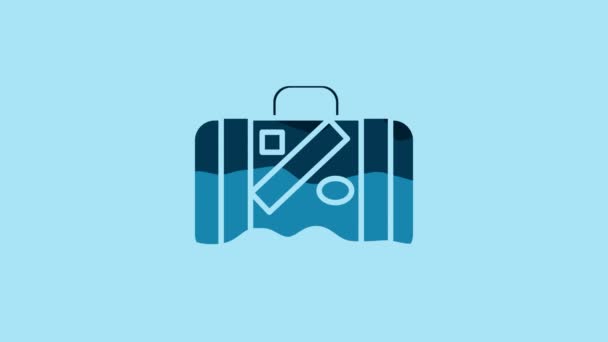 青の背景に隔離された旅行やステッカーアイコンのための青のスーツケース 手荷物のサインだ 荷物アイコンを移動します 4Kビデオモーショングラフィックアニメーション — ストック動画