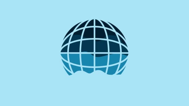 青の背景に隔離された青の地球のアイコン 世界や地球の標識 世界的なインターネットシンボル 幾何学的形状 4Kビデオモーショングラフィックアニメーション — ストック動画