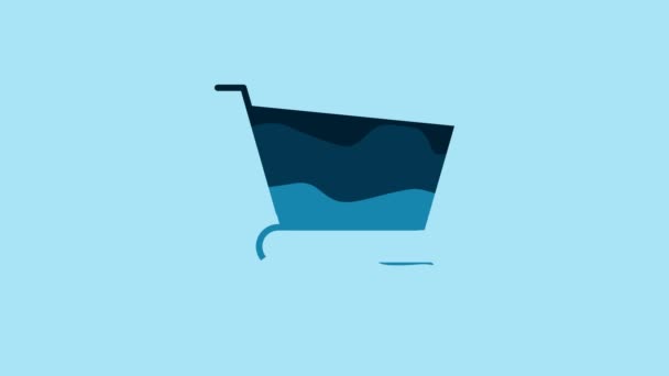 蓝色购物车图标隔离在蓝色背景 网上购物的概念 送货服务标志 超级市场篮子的象征 4K视频运动图形动画 — 图库视频影像