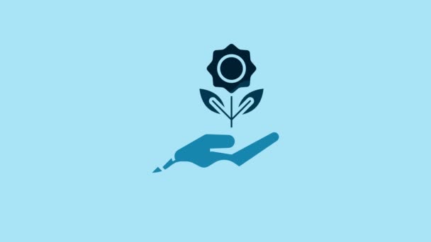 Blue Hand Holding Flower Icon Isolated Blue Background Seed Seedling — Αρχείο Βίντεο