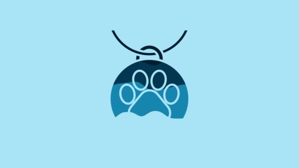 青色の背景にアイコンが隔離された名前の青い襟 家畜のための供給 犬や猫の足のプリント 猫と犬の世話 ペットチェーン 4Kビデオモーショングラフィックアニメーション — ストック動画