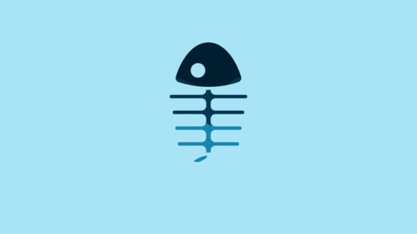青色の背景に隔離された青い魚の骨格アイコン 魚の骨のサイン 4Kビデオモーショングラフィックアニメーション — ストック動画