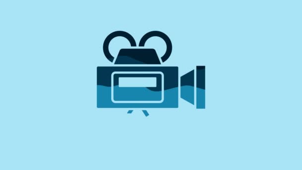 青い背景に隔離されたブルーシネマカメラのアイコン ビデオカメラ 映画のサインだ フィルムプロジェクター 4Kビデオモーショングラフィックアニメーション — ストック動画