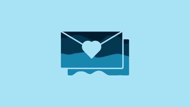 青の背景に隔離されたバレンタインハートアイコンを持つブルーエンベロープ 愛のメッセージ 手紙の愛とロマンス 4Kビデオモーショングラフィックアニメーション — ストック動画