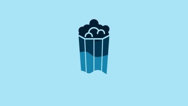 蓝色爆米花纸盒图标孤立在蓝色背景 爆米花桶4K视频运动图形动画 — 图库视频影像