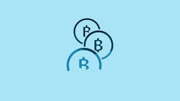 Синий Символ Криптовалюты Bitcoin Выделен Синем Фоне Физическая Монета Безопасная — стоковое видео