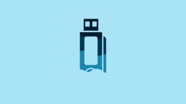 Blue USB flash drive icon isolated on blue background. 4K Video motion graphic animation.