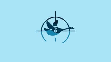 Blue Hunt on duck with crosshairs icon isolated on blue background. Hunting club logo with duck and target. Rifle lens aiming a duck. 4K Video motion graphic animation.