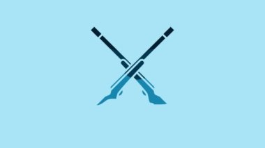 Blue Two crossed shotguns icon isolated on blue background. Hunting gun. 4K Video motion graphic animation.