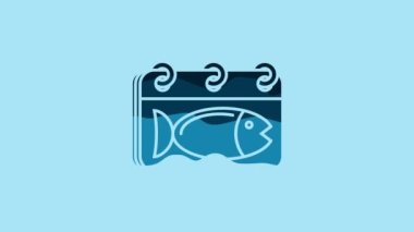 Blue Calendar with a fish icon isolated on blue background. Day of fish. 4K Video motion graphic animation.