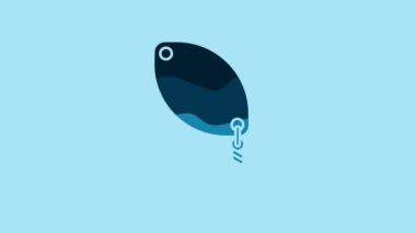 Blue Fishing spoon icon isolated on blue background. Fishing baits in shape of fish. Fishing tackle. 4K Video motion graphic animation.