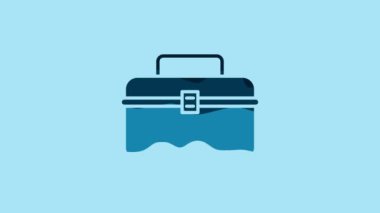 Blue Case or box container for wobbler and gear fishing equipment icon isolated on blue background. Fishing tackle. 4K Video motion graphic animation.