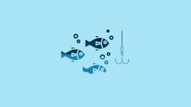 Blue Fishing hook under water with fish icon isolated on blue background. Fishing tackle. 4K Video motion graphic animation.