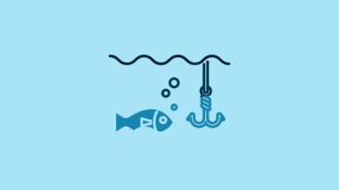 Blue Fishing hook under water with fish icon isolated on blue background. Fishing tackle. 4K Video motion graphic animation.