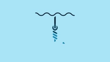 Blue Fishing hook under water icon isolated on blue background. Fishing tackle. 4K Video motion graphic animation.