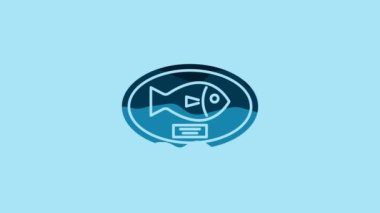 Blue Fish trophy hanging on the board icon isolated on blue background. Fishing trophy on wall. 4K Video motion graphic animation.