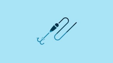 Blue Fishing line with hook and float icon isolated on blue background. Fishing tackle. 4K Video motion graphic animation.