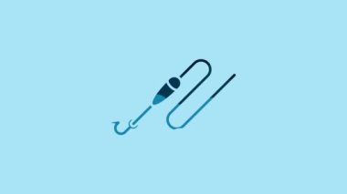 Blue Fishing line with hook and float icon isolated on blue background. Fishing tackle. 4K Video motion graphic animation.