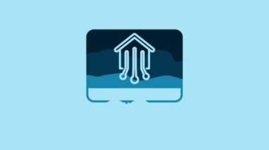 Blue Computer monitor with smart home icon isolated on blue background. Remote control. 4K Video motion graphic animation.