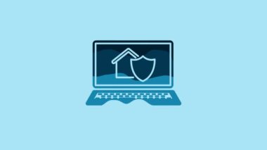 Blue Laptop with house under protection icon isolated on blue background. Protection, safety, security, protect, defense concept. 4K Video motion graphic animation.